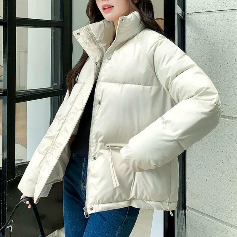 Winter Women Cotton Jacket Solid Color Stand Collar Neck Protection Pakas Thicken Padded Zipper Pockets Pockets Down Coat