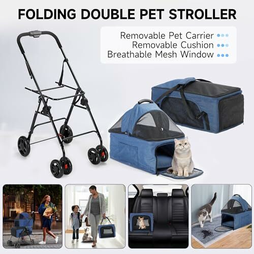 Wózek dla psa dla 2 małych psów lub kotów, podwójny wózek dla kota z 2 wyjmowanymi torbami do przenoszenia, składany wózek dla psa z 4 zamkami