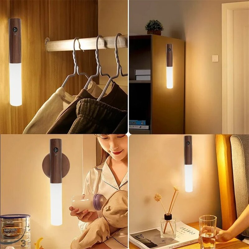 LED Warm Motion intelligent Sensor Wall Lamp Wireless Wood Stick Night Light Corridor Cabinet Wardrobe  Decor Home 