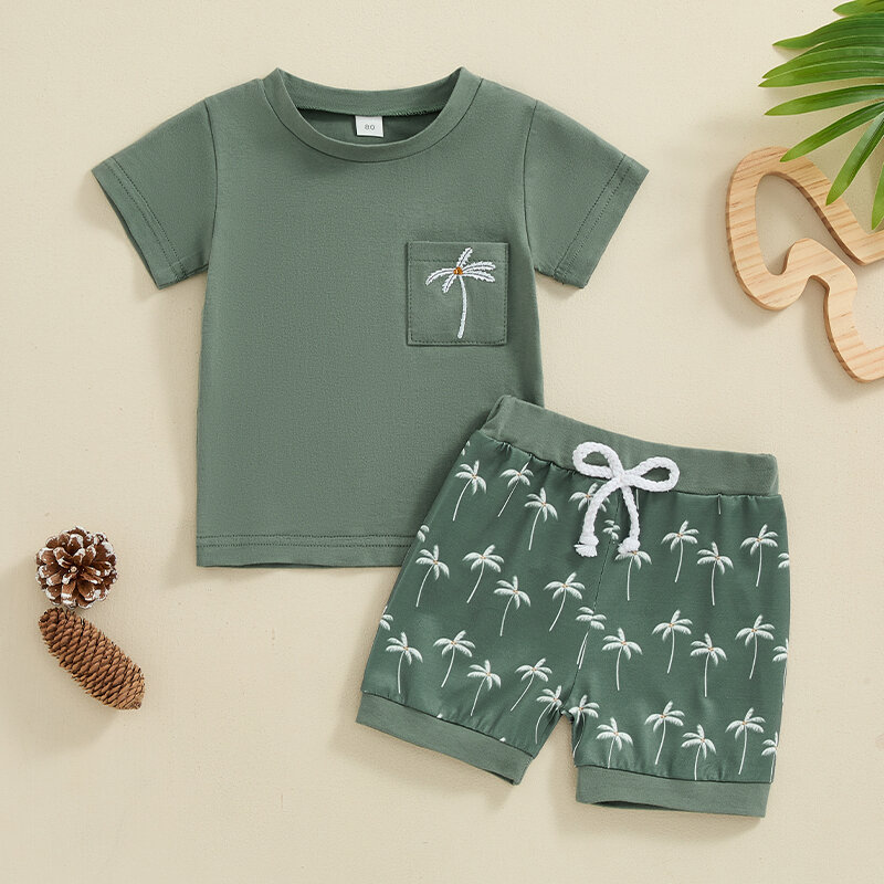 Lioraitiin balita 2024-05-05 pakaian bayi laki-laki, Set kaus + celana bordir pohon lengan pendek musim panas
