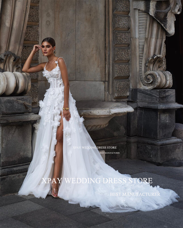 XPAY gaun pernikahan tali Spaghetti kekasih 2024 gaun pengantin tanpa lengan applique renda 3D gaun pengantin mewah punggung terbuka