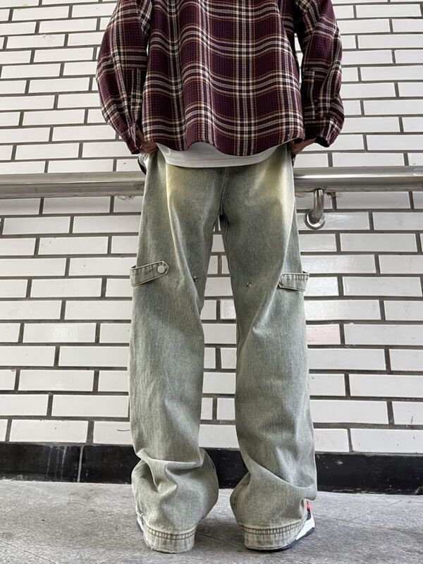 Jeans retrô de trabalho para homens e mulheres, americano, High Street, Ins, calças de perna larga, design hip-hop, nicho, reto, nicho, novo