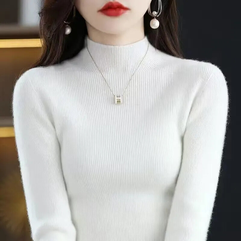 Suéter de cuello alto de manga larga para mujer, Jersey elástico ajustado coreano básico Simple, Tops de punto sólidos, Otoño, 2023