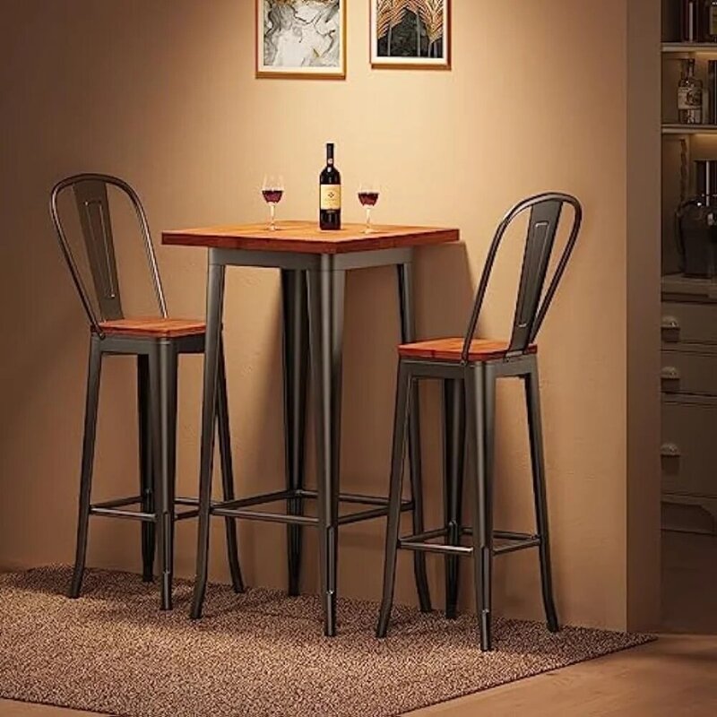 Aiho Bar Table and Chairs Set, Pub Table and Chairs Set of 2, with Elm Solid Wood and Thickened Metal Frame