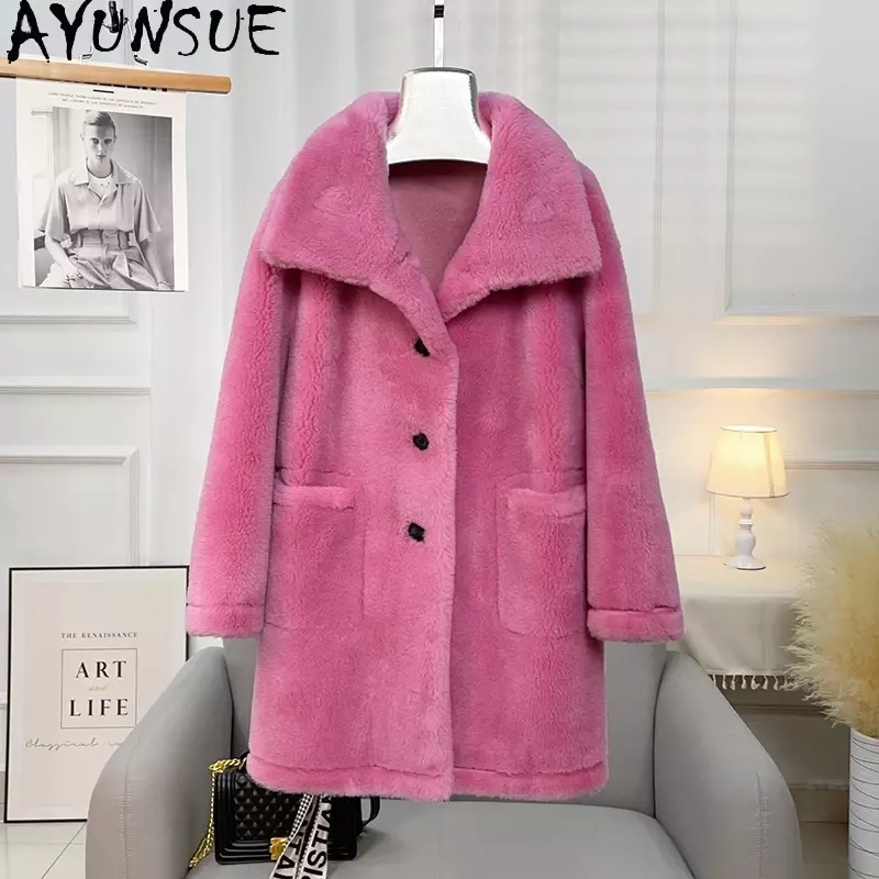 Ayunsue-女性の顆粒ラムウールコート、ミドル丈羊毛ジャケット、スタンドカラー、シングルブレスト、秋冬、2022