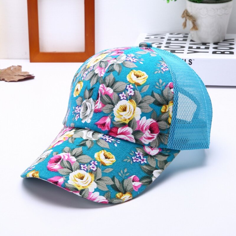 Casquette de baseball en maille imprimée de fleurs en coton pour dames, chapeaux Snapback réglables, respirante, mode