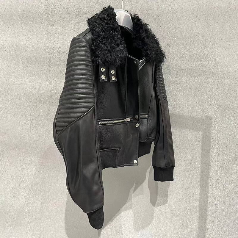Новинка 2022, женские кожаные куртки, мотоциклетные короткие куртки из овчины с меховым воротником, теплые байкерские куртки на молнии с меховой подкладкой GT5087