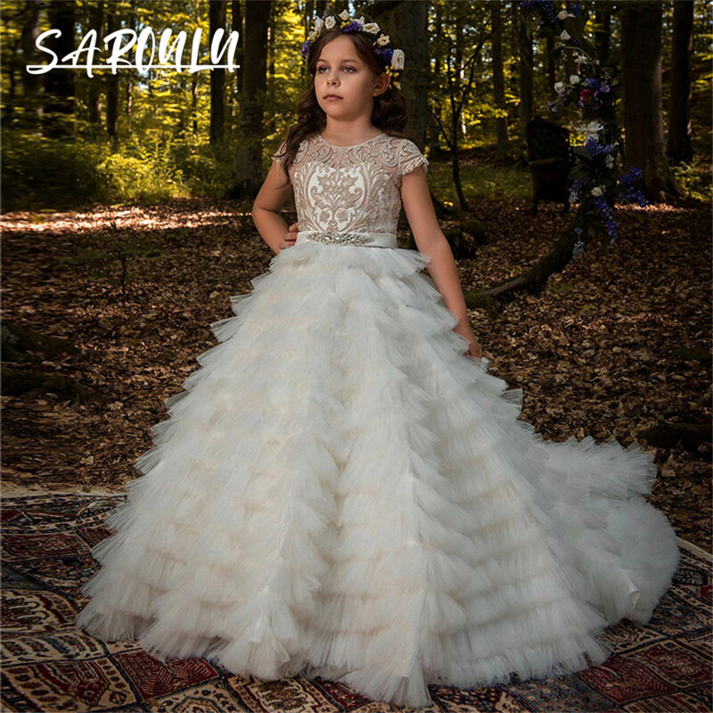 Tiered Puffy Ball Gown Wedding Flower Girl Dress Gold Lace Princess Birthday Party Dresses For Children Child Formal Gown