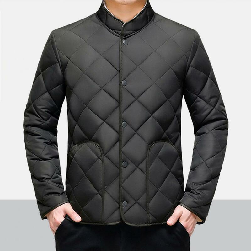 Men Winter Fall Coat Thick Plush Padded Stand Collar Cotton Coat Neck Protection Warm Single-breasted Cardigan Jacket