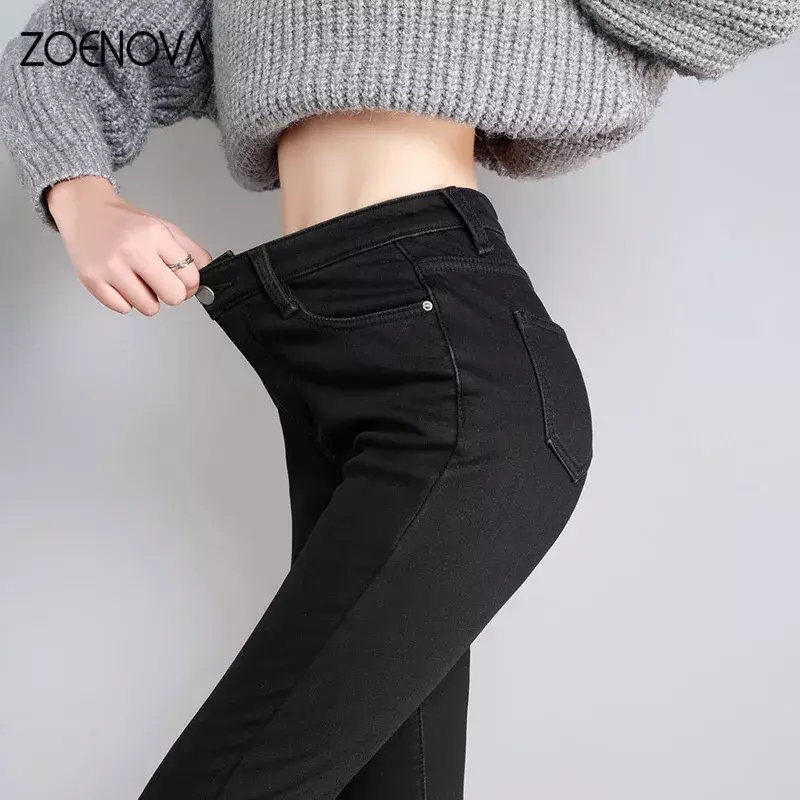 Zoenova กางเกงยีนส์กำมะหยี่หนาสำหรับผู้หญิง, กางเกง MODE Korea เอวสูงผ้าขนแกะอบอุ่นกางเกงยีนส์ยางยืดเลกกิ้งลำลองสำหรับฤดูหนาว2023