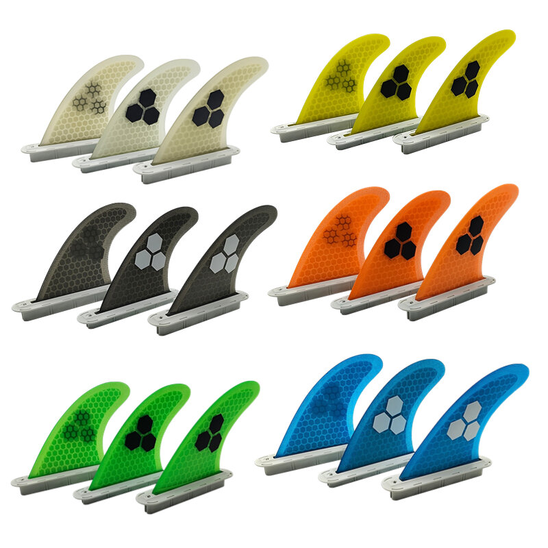 Zestaw Tri fin pojedyncze płetwy S/M/L surfingowe płetwy płetwa do deski surfingowej pomarańczowy/żółty/niebieski/szary/zielony z czarne logo z włókna szklanego o strukturze plastra miodu