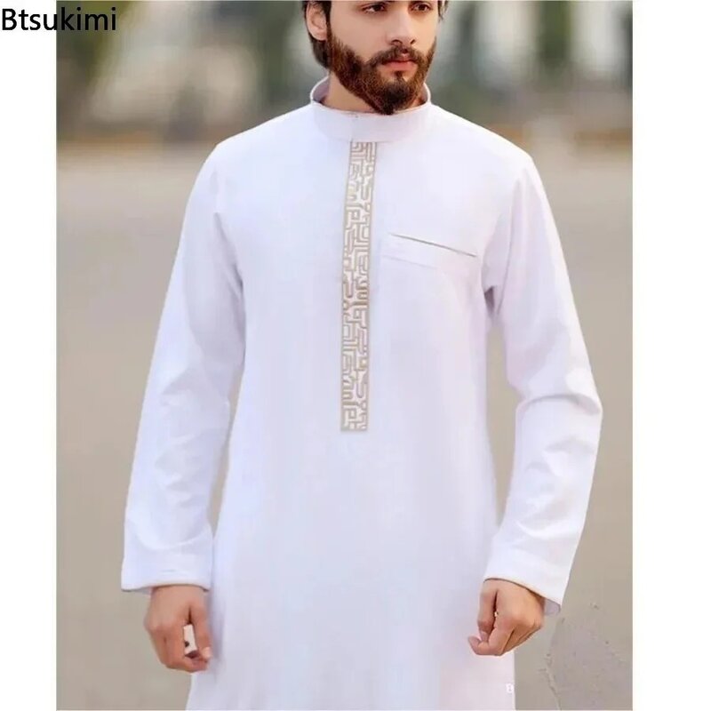 New 2024 Arab Men's Robe Abaya White Muslim Printed Clothing Men's Robe Long Dress Abaya Muslim Clothes for Men Gift Kaftan Men