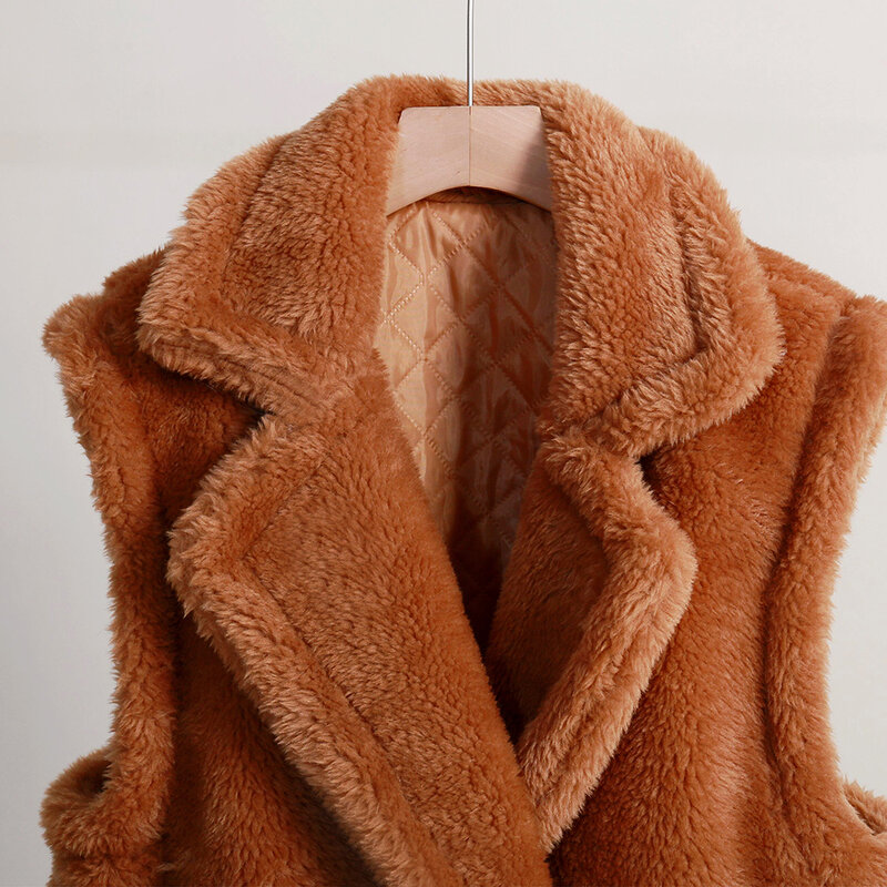 여성용 롱 테디 베어 질렛 모피 조끼 코트, 따뜻한 오버사이즈 민소매 인조 모피 재킷, 런웨이 패션, 럭셔리 브랜드, 겨울
