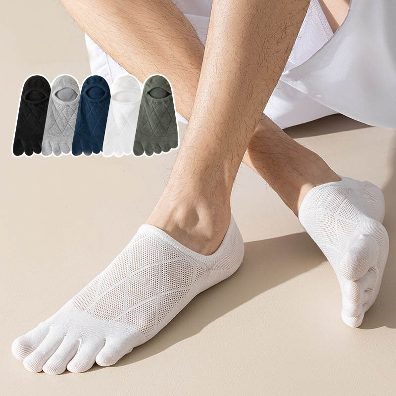 5 Pairs Invisible Toe Socks Man Thin Cotton Mesh Shallow Mouth Solid Soft Breathable Deodorant 5 Finger No Show Socks Summer