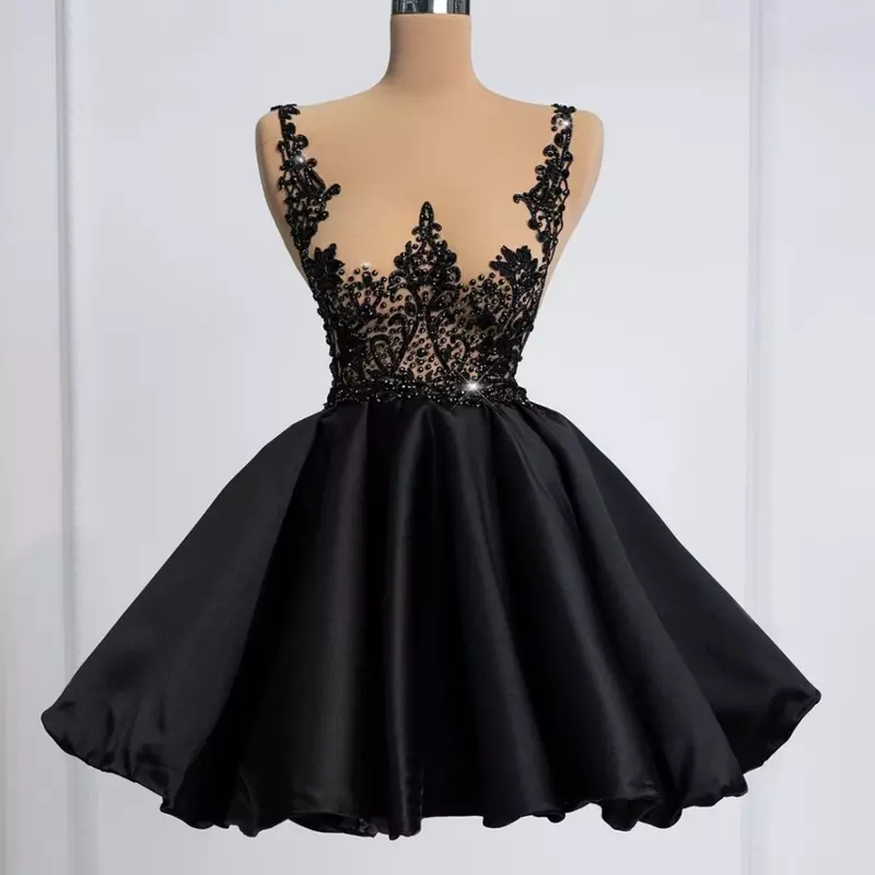 Gaun pesta Mini hitam applique SERENDIPIDTY pakaian wanita manik-manik kristal A-line Ruffled tembus pandang gaun koktail gadis seksi