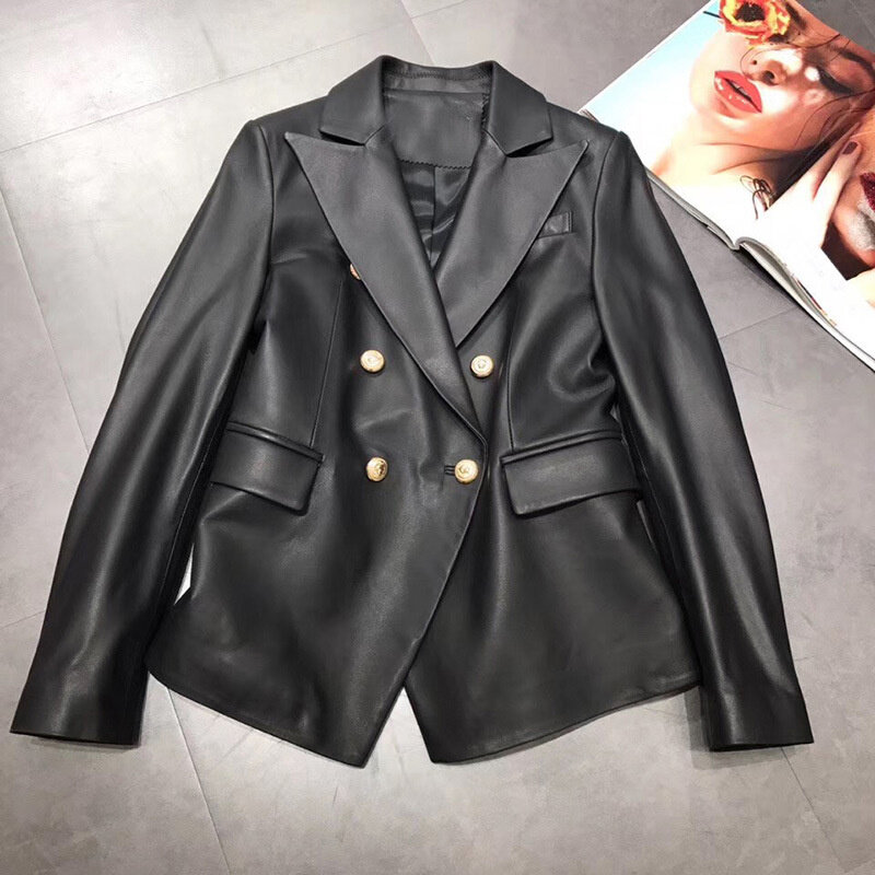 2023 Spring Autumn Women Sheepskin Double Breasted Jackets New Genuine Leather Mid-length Slim Fit Suit Female Jacket Outwear