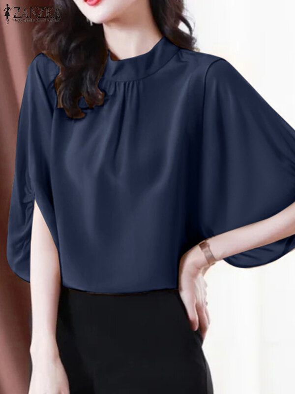 ZANZEA-Blusa holgada de satén con cuello alto para mujer, camisa tipo túnica Formal de media manga, Estilo Vintage, para oficina, 2024