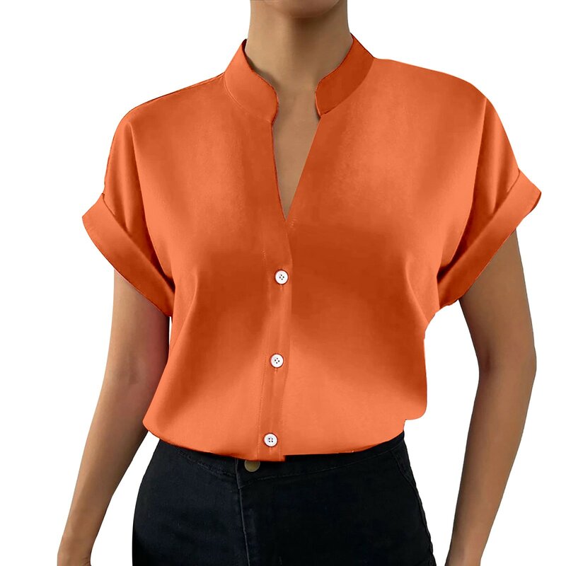 Camisa minimalista con cuello en V para mujer, camisa elegante de satén de manga corta con botonadura única, informal, para oficina, 2024