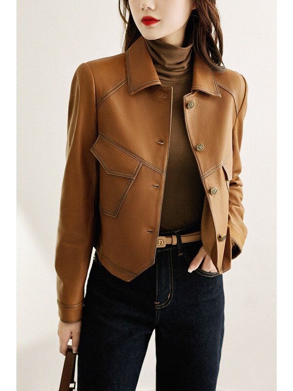Jaket kulit wanita, musim gugur musim dingin wanita jaket kulit imitasi kerah pendek tidak beraturan pakaian kulit
