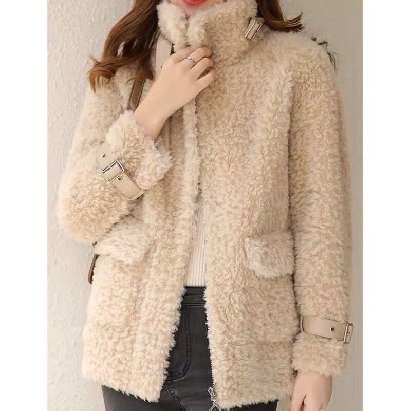 2023 Winter New Women Faux Fur Coat Fashion Stand Collar Short Outwear Loose Thicken Warm Jacket Pure Color Casual Outcoat