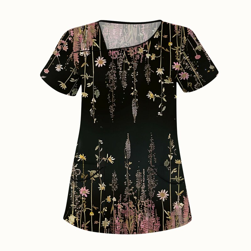 Women'S Sloping Collar Tops Flower Print Short Sleeve Workwear Tops With Double Pockets Daily Causal Loose Fit Care Tops