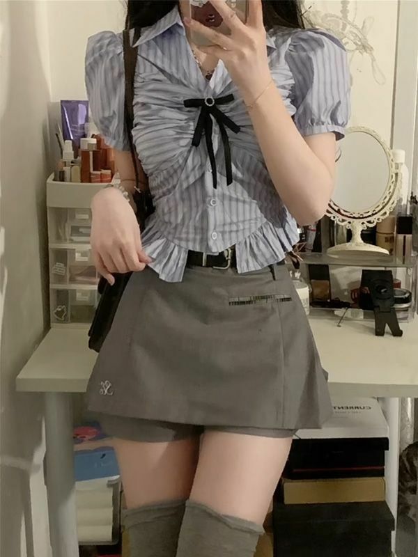 大学スタイルの弓,韓国版の半袖トップス,女性用,夏用