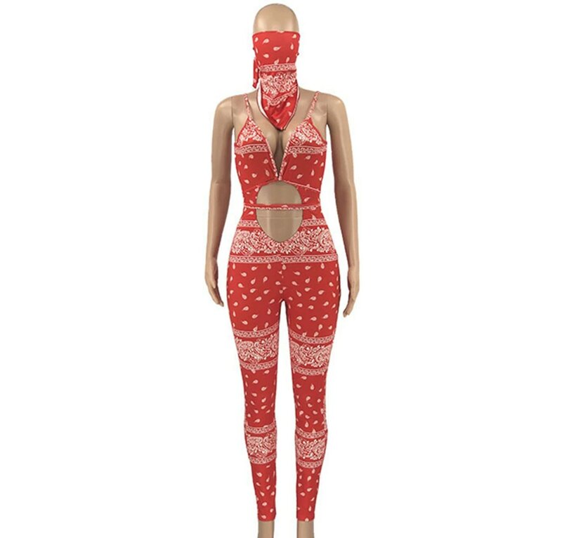 Hot Selling 2023 New Fashion Strap Wrapped Chest Fit Opening Women's Printed Sexy and Beautiful jumpsuit (Including Face Scarf)