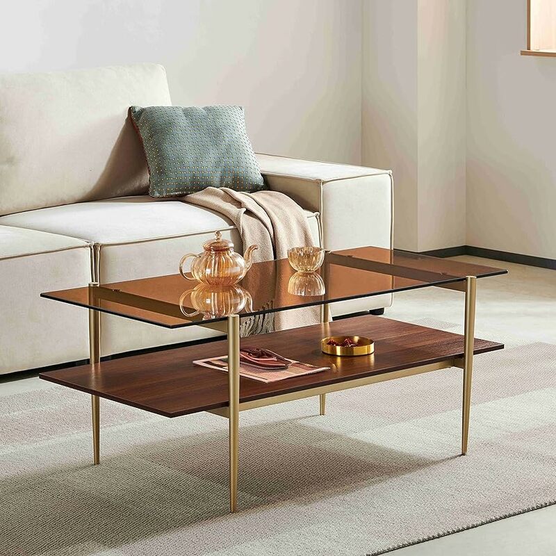 Saint Mossi-mesa de centro de cristal de doble capa para sala de estar, estante inferior de MDF marrón, vidrio y café