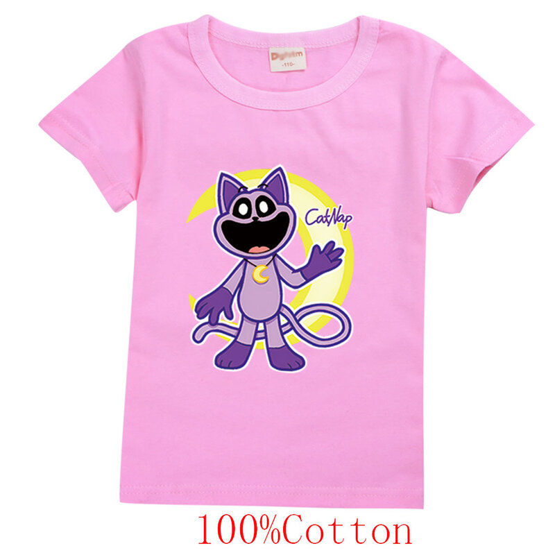 스마일 크리터 고양이 낮잠 아동복, 여름 코튼 어린이 티셔츠, 소년 소녀 캐주얼 패션, 블랙 셔츠, 운동복 상의