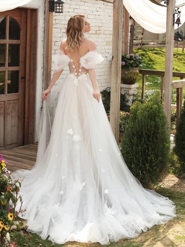 Vestido de casamento gracioso fora do ombro, Apliques florais 3D clássicos, vestido de noiva, branco a linha, longo vestido de noiva, branco