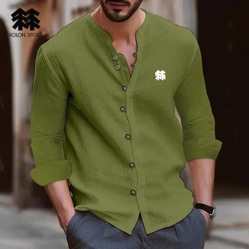 Camisa de manga comprida retrô de algodão puro masculina, blusa polo casual confortável e respirável, moda moderna, primavera e outono, nova