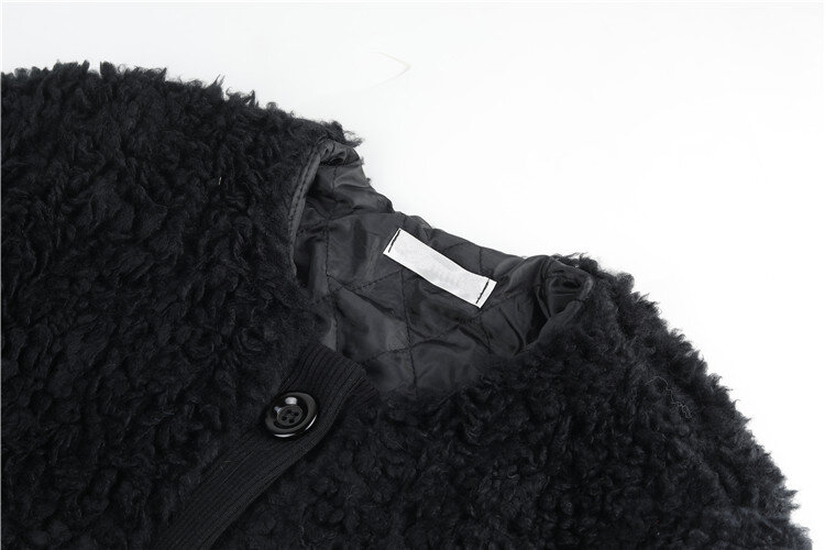 Abrigo largo de lana de cordero para mujer, abrigo de terciopelo negro, Invierno