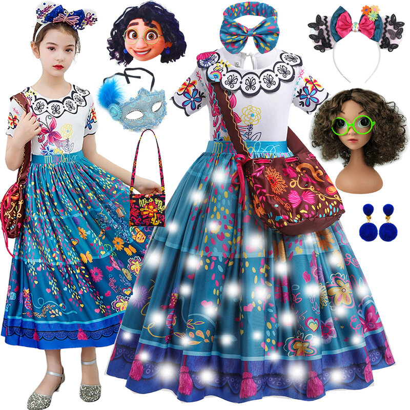 Disney-Encanto Princess Mirabel Cosplay Traje Infantil, Fantasia de Halloween, Fato de Festa de Carnaval, Maxi Vestido com Bolsa