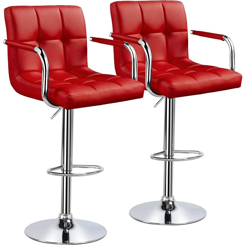 ชุดเก้าอี้สตูลสูง2ชิ้นเก้าอี้สูงทำจากหนัง PU ทรงสี่เหลี่ยมแบบปรับได้เก้าอี้สูงพร้อมแขน
