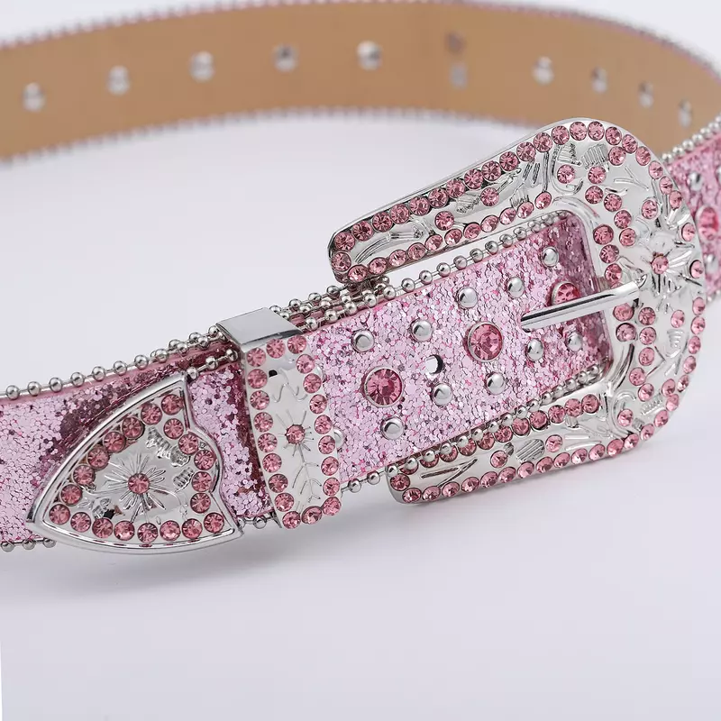 Sabuk berlian imitasi Cross-rivet merah muda gemerlap, sabuk kulit hiasan tatahan Punk Rock untuk jins pria