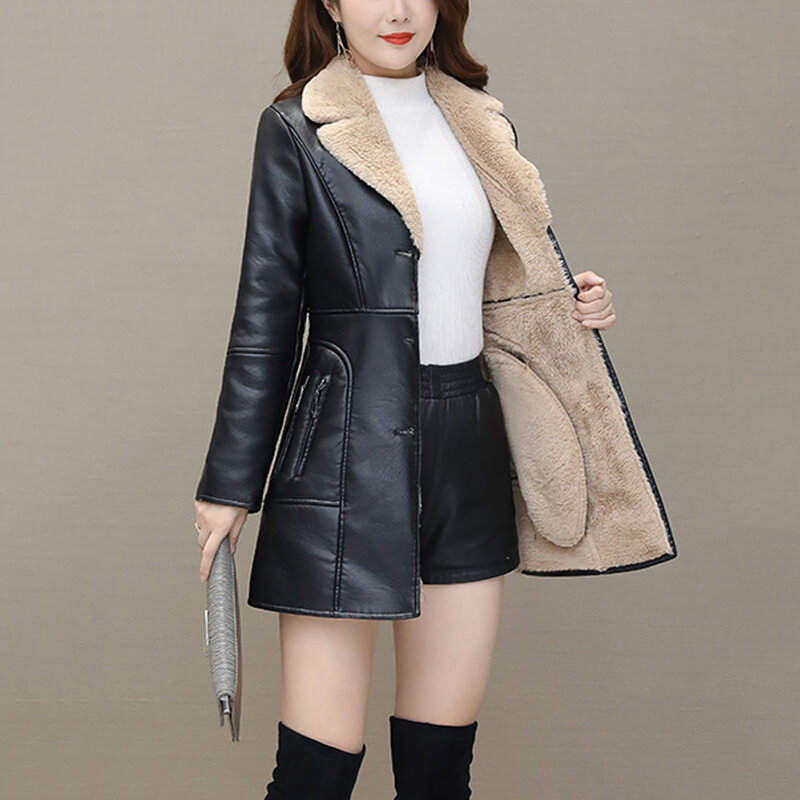 Mantel Katun Kulit PU Tebal Beludru Plus Jaket Kulit Hangat Mode Ukuran Besar Kerah Setelan Panjang Wanita