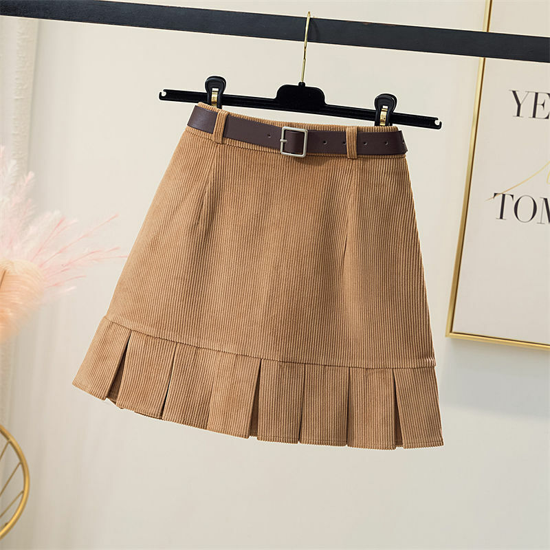 Vintage Corduroy Pleated Skirts with Belt Womens 2021 Winter Spring Elegant Causal Slim Ruffle Solid High Waist Y2k Punk Skirt
