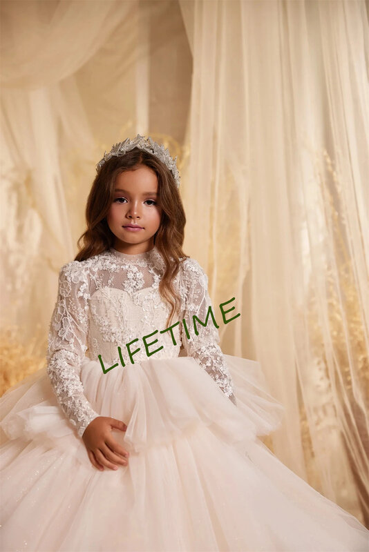 Gaun gadis bunga untuk pernikahan Tulle Puffy Applique renda lengan penuh berlapis elegan anak pertama Eucharistic gaun pesta ulang tahun