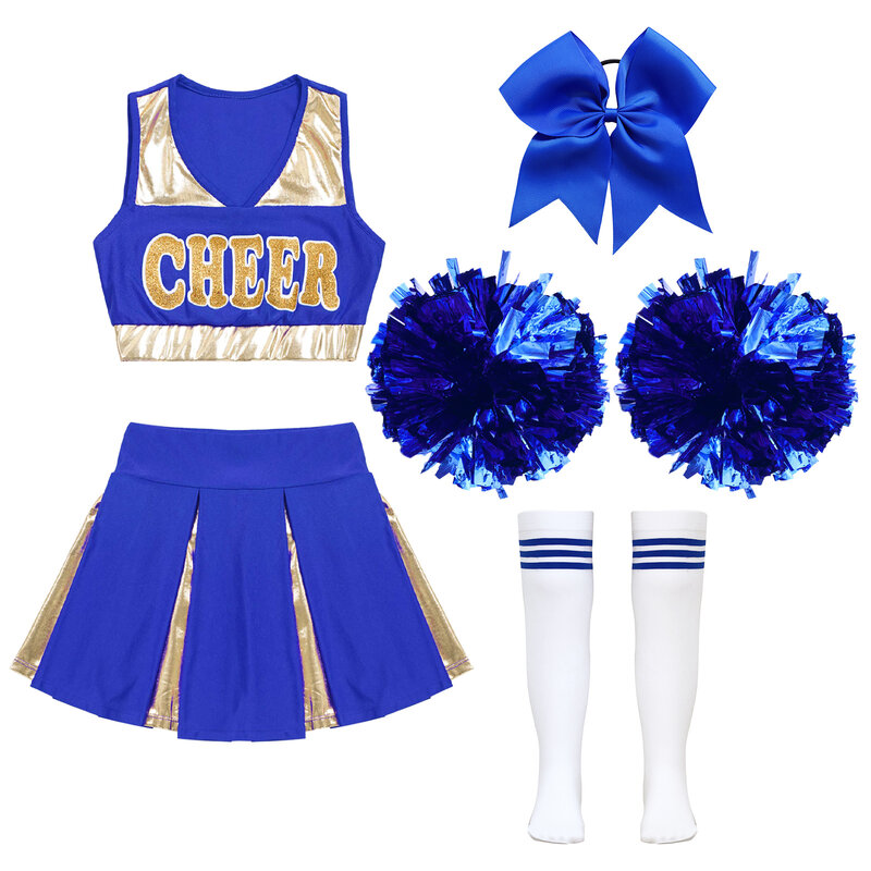 Kids School Girls Cheerleader Uniforms Sleeveless Crop Top Skirt Socks Clothes Sets for Children Cheerleading Dance Outfits