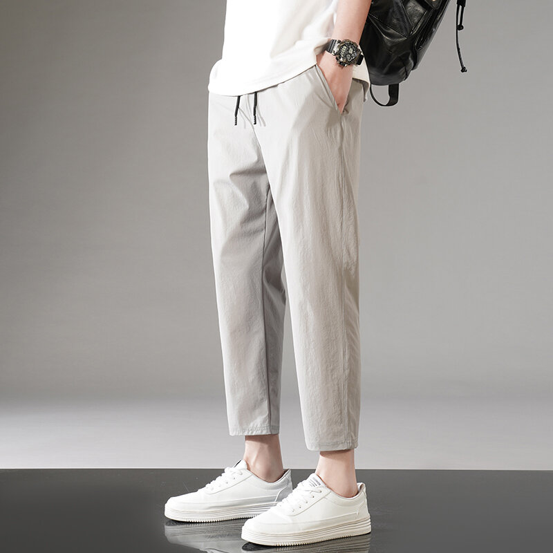 Basic Solid Color Cropped Pants Men's Clothing Elastic Stylish Drawstring Summer Thin Sports Pockets Spliced Korean Casual Pants