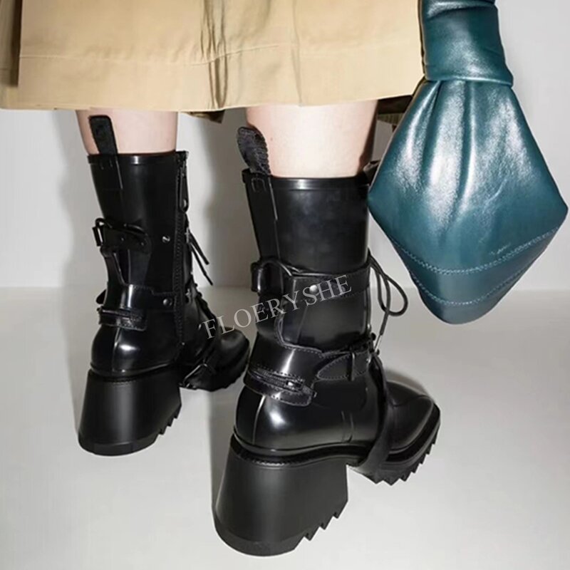 Ankle Boots Punk de couro fosco para mulheres, Square Toe, Zipper lateral, Chunky High Heel, Sapatos de moda de festa, Notícias