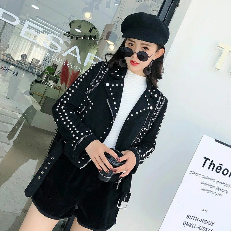 Fashion musim gugur wanita Korea edisi bordir Rivet Deerskin beludru pendek lengan panjang mantel kulit Punk Rock jaket kulit