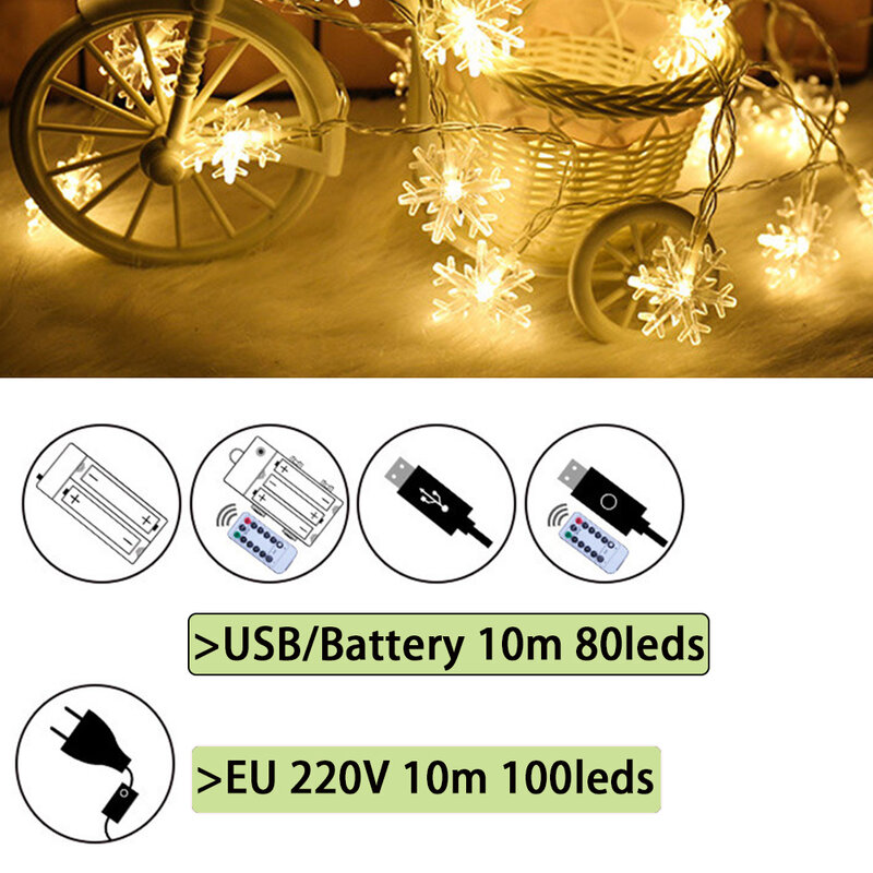 USB 배터리 전원 LED 스트링 라이트, 따뜻한 흰색, 여러 가지 빛깔의 눈 요정 램프, 화환 조명, 크리스마스 웨딩 파티 장식