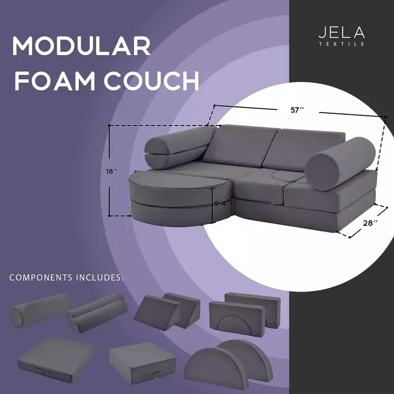 Jela Kids Luxury Floor Sofa, Mobiliário Modular para Adultos, Playhouse Play Set para Crianças e Bebês, 14PCs