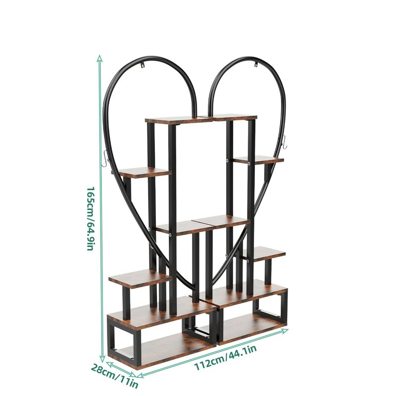 6 camadas planta metálica stand, escada criativa metade coração-forma para plantas de interior, prateleira preta