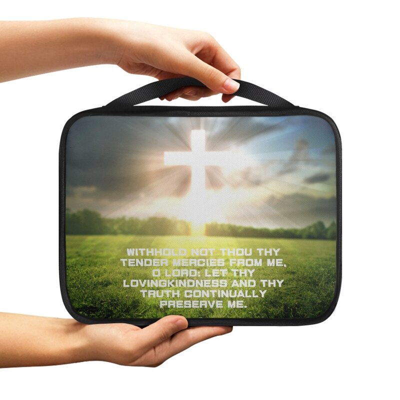 Tas tangan portabel wanita, motif rumput silang hijau tembus cahaya dengan pegangan dan ritsleting saku penutup Injil Kristen