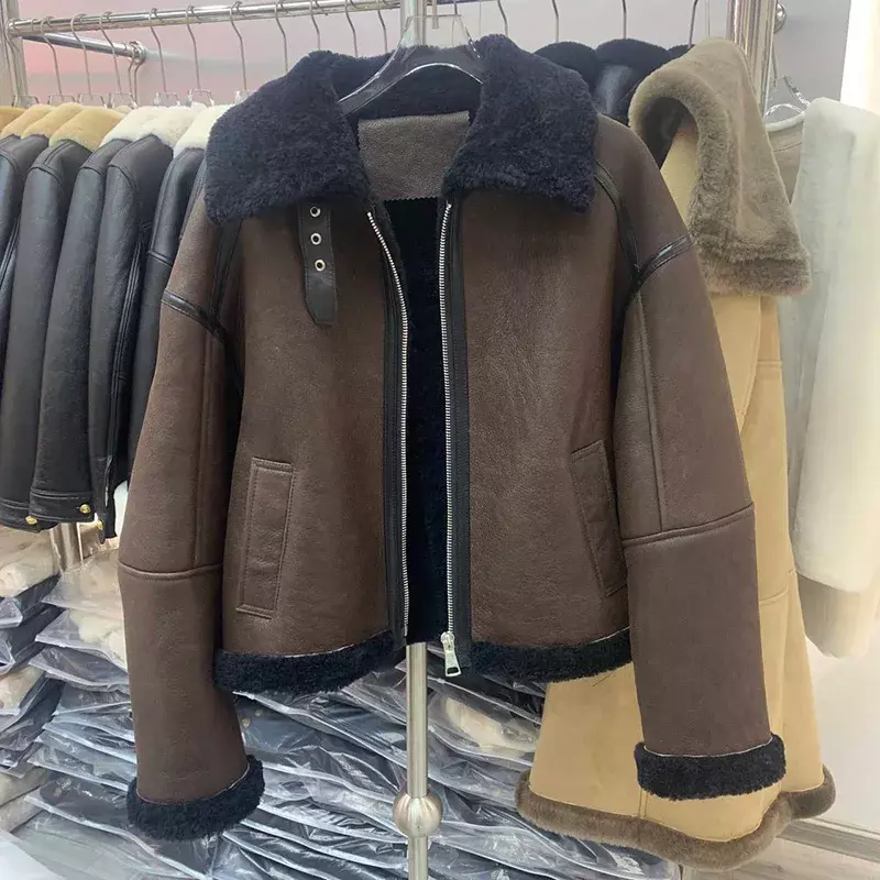 2023 New Winter Shearling Jacket Women's Genuine Sheepskin Leather Coat Thick Warm Moto Coats Lady