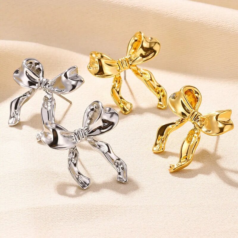 Kolczyki w kolorze złota dla kobiet kokarda kolczyk do paznokci moda urocza biżuteria Piercing akcesoria do uszu prezent na Boże Narodzenie Aretes