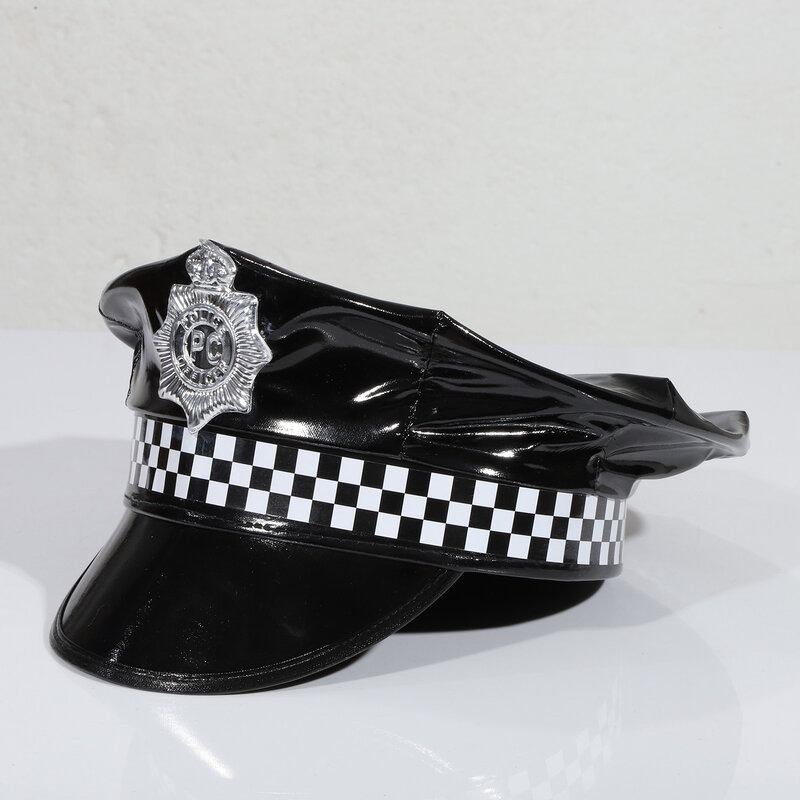 Police Officer Hat Adult Halloween Police Hat Cop Uniform Props Badge Checkerboard Adjustable Cop Hat Cosplay Costumes Accessory