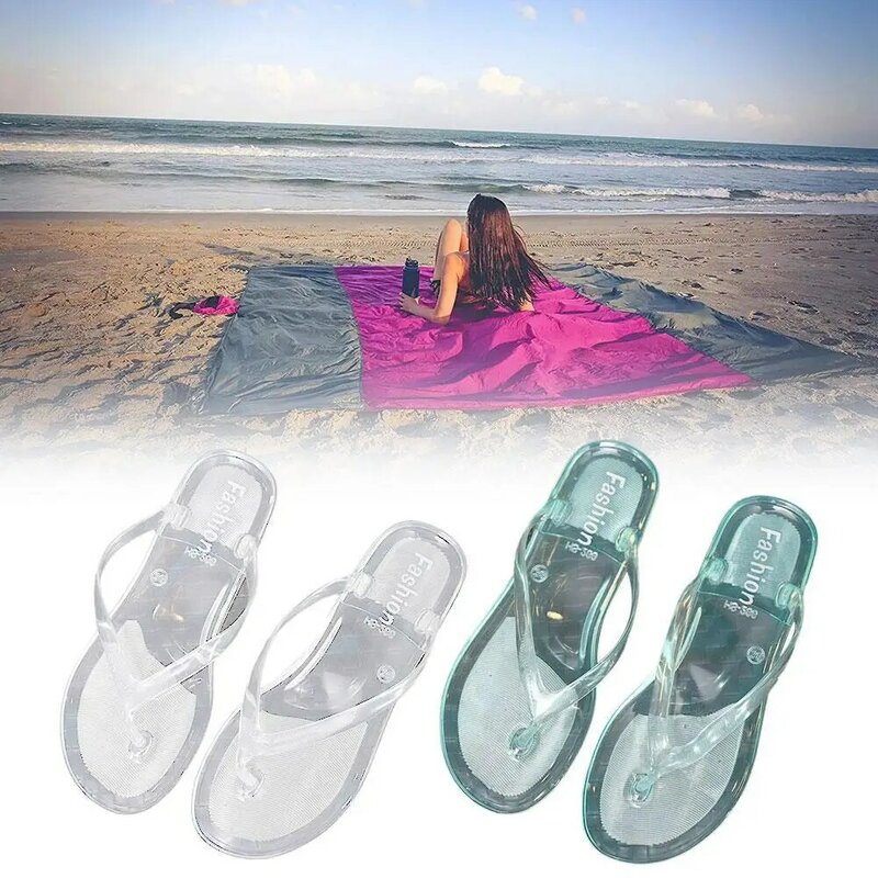 Mode baru klip hak datar potongan jari kaki kristal transparan musim panas sandal jepit sepatu jeli wanita sandal pantai wanita O8R0